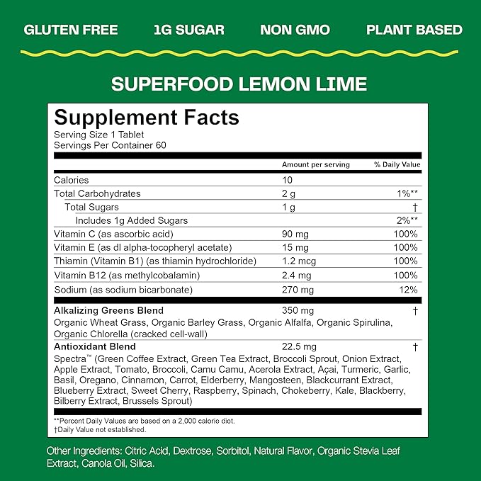 Amazing Grass Effervescent Tablets: Green Superfood Water Flavoring Tablet with Antioxidants &amp Alkalizing Greens Lemon Lime 60 Count
