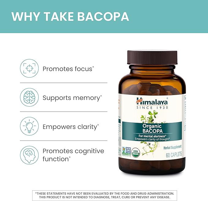 Himalaya Organic Bacopa Monnieri Nootropic Herbal Supplement Supports Calm Memory Cognition USDA Certified Organic Non-GMO 750 mg 60 Plant-Based Caplets 60 Day Supply