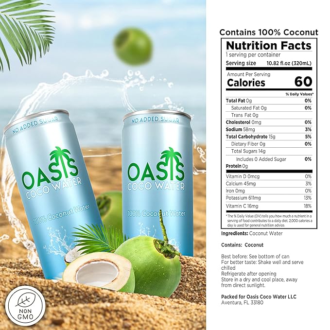 Oasis Coconut Water 12 Pack 100% Pure Coconut Water with Electrolytes Natural Hydration Electrolyte Water Drink Low Calorie No Sugar Added No Artificial Ingredients or Preservatives 320 ml Cans