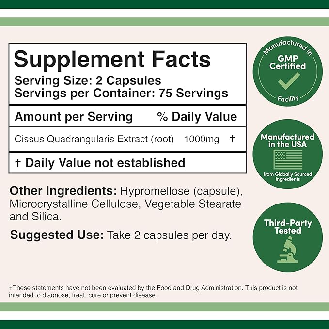 Double Wood Supplements Cissus Quadrangularis Super Extract 150 Capsules (Non-GMO Gluten Free) Dietary Supplement for Joint and Tendon Health 1000mg Serving Size