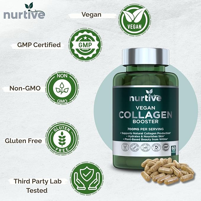 Plant-Based Collagen Booster - Vegan Support with Vitamin C Amino &amp Hyaluronic Acids - 700mg/Serving - Non-GMO Gluten-Free No Filler - 60 Capsules 2 Capsules/Day for 1 Month Supply