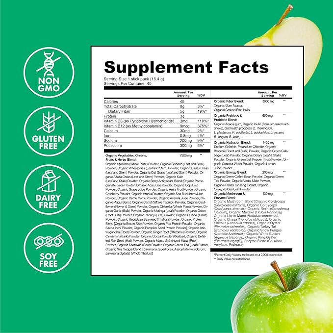 Zena Nutrition Organic Super Greens Energy &amp Hydration Powder 70+ Superfoods 0 Sugar 5G Fiber Spirulina Chlorella Prebiotics/Probiotics Natural Caffeine + Electrolytes 40 Drink Mix Packets