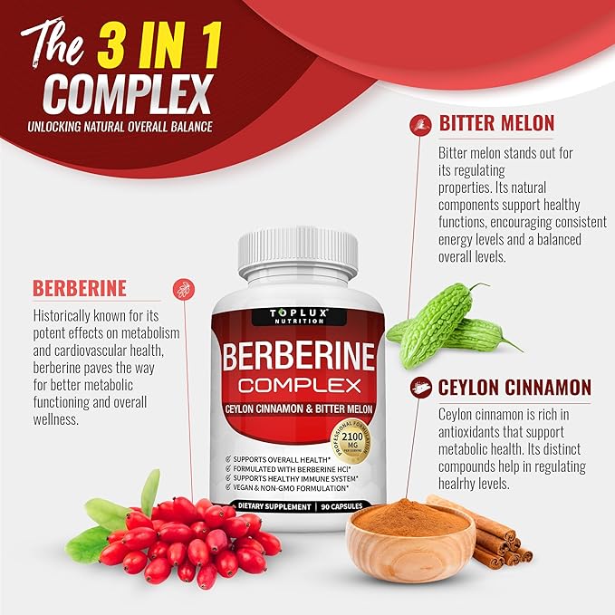 Toplux Berberine with Ceylon Cinnamon and Bitter Melon 2100mg - High Purity 97% HCL Berberine Supplement Supports Overall Health &amp Immune System Non-GMO Vegan 90 Capsules