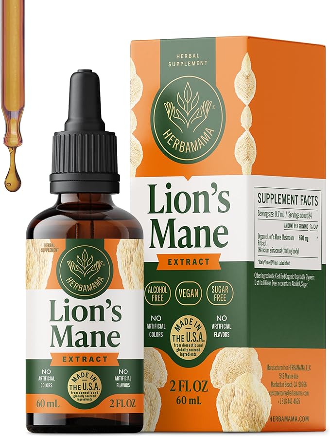 HERBAMAMA Lions Mane Tincture - Vegan Focus &amp Nerve Support with Lion's Mane Mushroom Extract - Hericium Erinaceus Brain Support Supplement - Non-GMO Alcohol &amp Sugar-Free - 42-Day Supply