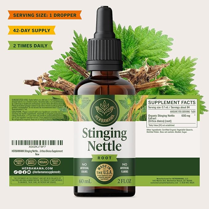 HERBAMAMA Stinging Nettle Tincture - Vegan Urinary Tract Support with Stinging Nettle Root Extract - Non-GMO Alcohol &amp Sugar-Free Urtica Dioica Supplement - 42-Day Supply