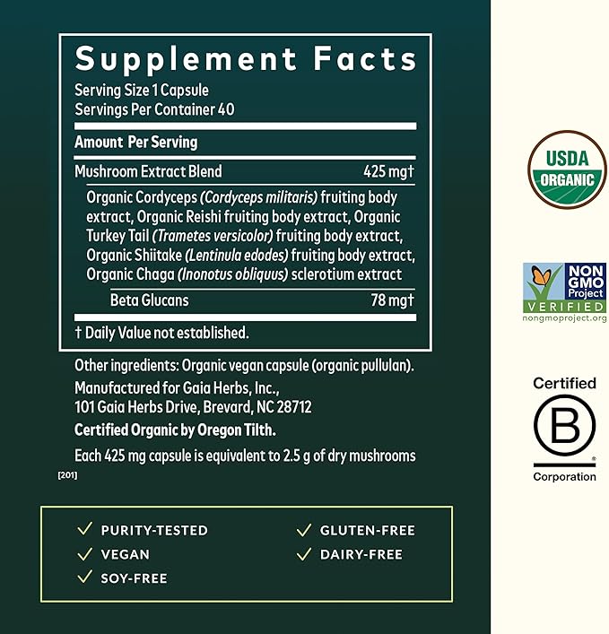 Gaia Herbs Everyday Mushrooms - Immune Support Mushroom Supplement for Daily Health Support* - with Reishi Cordyceps Turkey Tail Shiitake &amp Chaga Mushrooms - 40 Vegan Capsules (40 Servings)