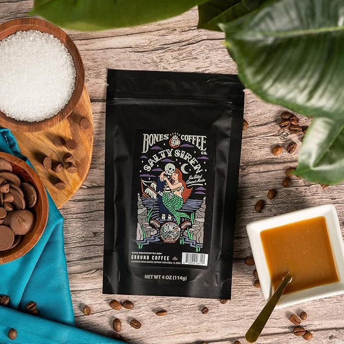 Bones Coffee Company Favorite Flavors Sample Pack Box Set with Specialty Coffee Mug 5 Assorted Single-Origin Low Acid Medium Roast Arabica Beans Flavored Coffee Gifts 4 oz Pack of 5 Ground