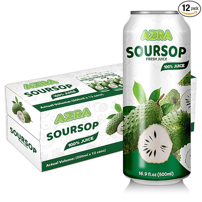 AZRA 100% Soursop Juice – 500ml Cans Exotic Fruit Juice Beverages – Zero Sugar Drinks Healthy Soursop Drink for Kids and Adults – Bulk 100% Juice Pack 12 Count