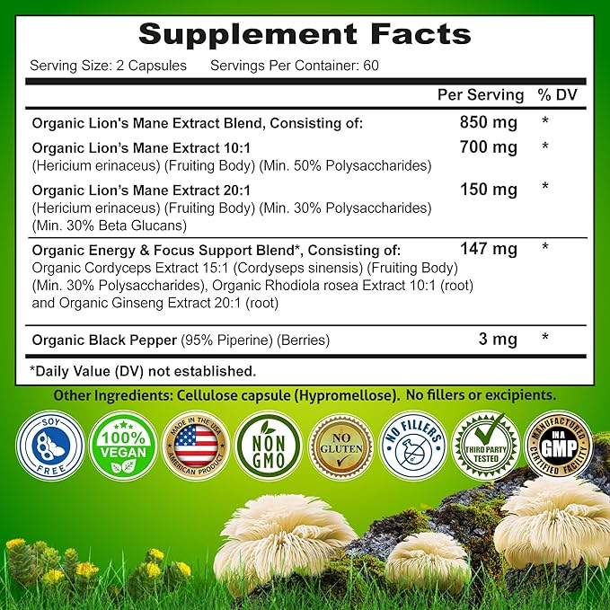 Organic Lion's Mane Supplement Capsules - Contains Naturally Occurring Beta Glucans &amp Polysaccharides Enhanced with Organic Energy &amp Focus Support Blend: Cordyceps Rhodiola Rosea Ginseng 1