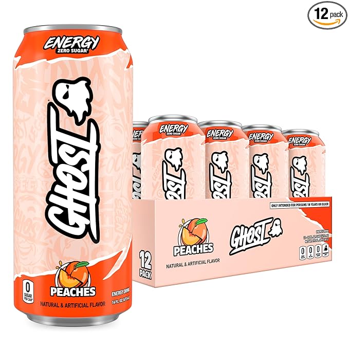 GHOST Energy Drink - 12-Pack Peaches 16oz - Energy &amp Focus &amp No Artificial Colors - 200mg of Natural Caffeine L-Carnitine &amp Taurine - Gluten-Free &amp Vegan