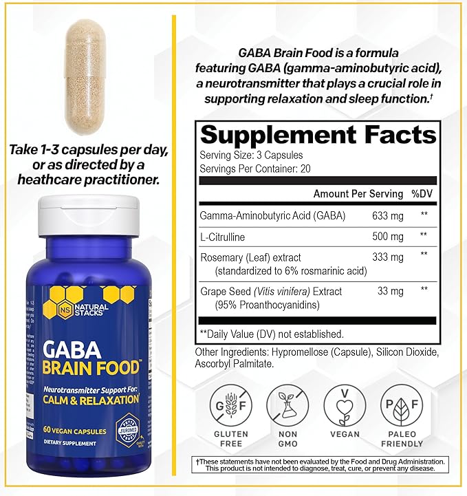GABA Brain Food - GABA Supplement with L-Citrulline &amp Grape Seed Extract - Supports Calm &amp Relaxation - Nighttime Sleep Aid - Supports Production of Gamma Aminobutyric Acid - 60 L-Citrulline C