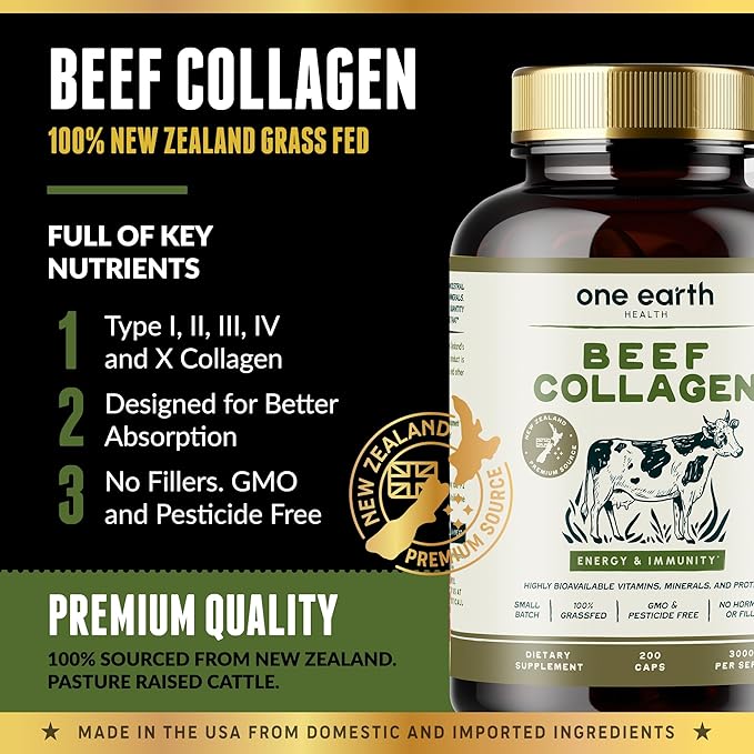 One Earth Health Grass Fed Beef Collagen - New Zealand Sourced Natural Collagen Supplement. (Types I II III V and X) 3000mg per Serving 200 Count