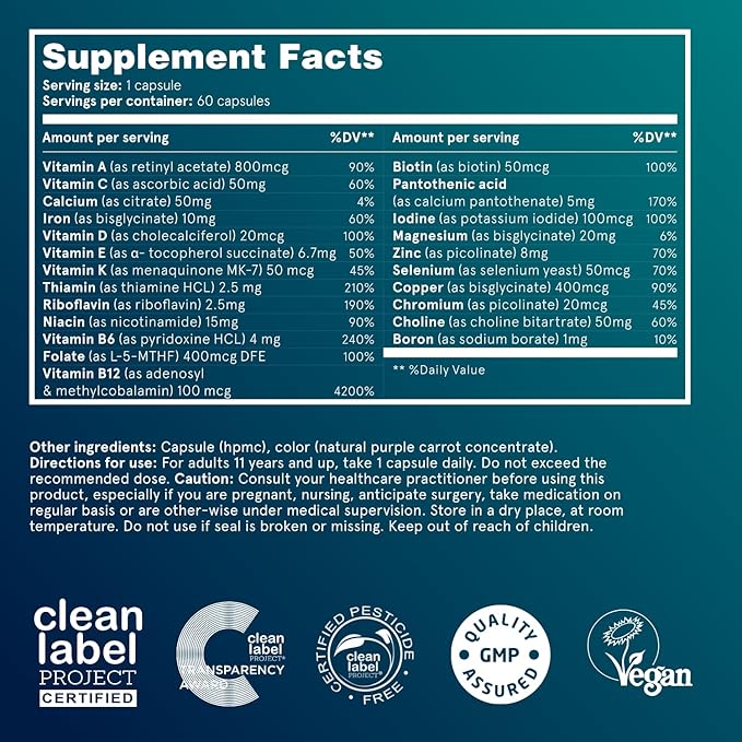 Puori Vegan Multi-Vitamin &amp Mineral Complex for Men &amp Women - Blended Multivitamins with 13 Essential Vitamins &amp 9 Minerals for Overall Health Nervous &amp Immune System Support - 60 Cap