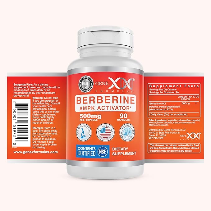 Genex Formulas Berberine HCl 500mg (90 Capsules) - NSF Certified for Safety Quality &amp Label Accuracy - Supports Immune Health - Non-GMO Gluten Free Vegetarian