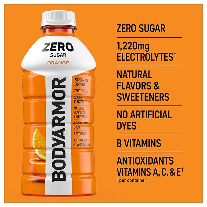 BODYARMOR ZERO Sugar Orange Electrolyte Drink Natural Flavors 28 Fl Oz Bottles (15 Pack) B Vitamins &amp Antioxidants Sugar Free Hydration