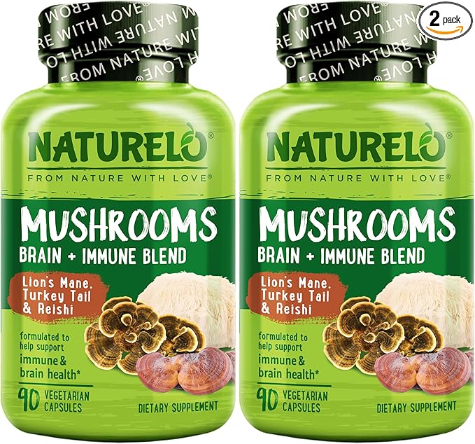 NATURELO Mushroom Supplement – Brain &amp Immune Health Blend with Lion’s Mane Reishi Turkey Tail – 90 Vegan Friendly Capsules (Pack of 2)