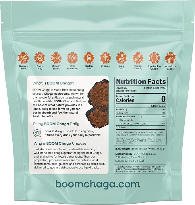 Mushroom Superdrink | Chaga Mushroom Extract Liquid Concentrate with Antioxidants for Immunity Boost Beta-Glucans for Heart Health Oxalate-Free 31 Single-Serving Packets