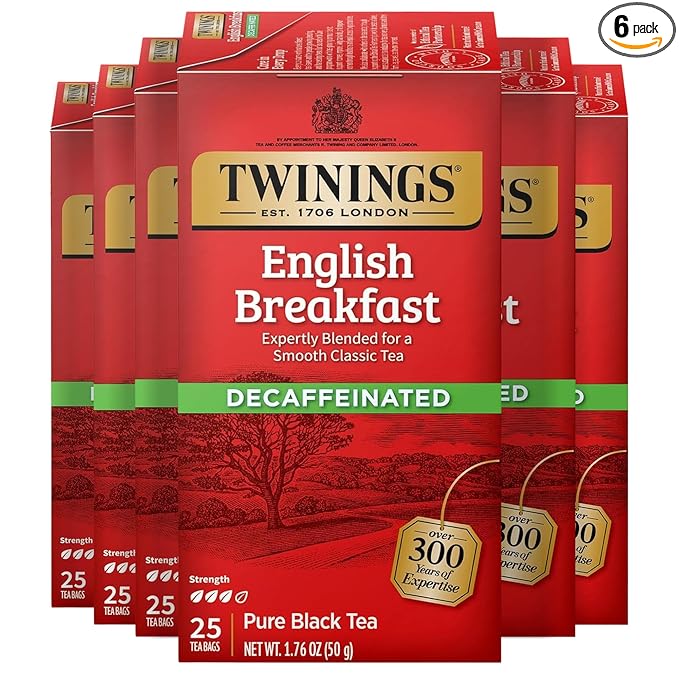 Twinings Decaffeinated English Breakfast Black Tea Individually Wrapped Bags 25 Count (Pack of 6) Flavourful Robust Enjoy Hot or Iced 150 Teabags