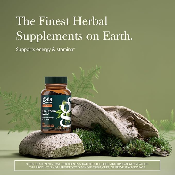 Gaia Herbs Eleuthero Root - Energy Stamina &amp Mental Endurance Support* - Eleuthero Root (Siberian Ginseng) Adaptogen Herbal Supplement - 60 Vegan Liquid Phyto-Capsules (60 Servings)