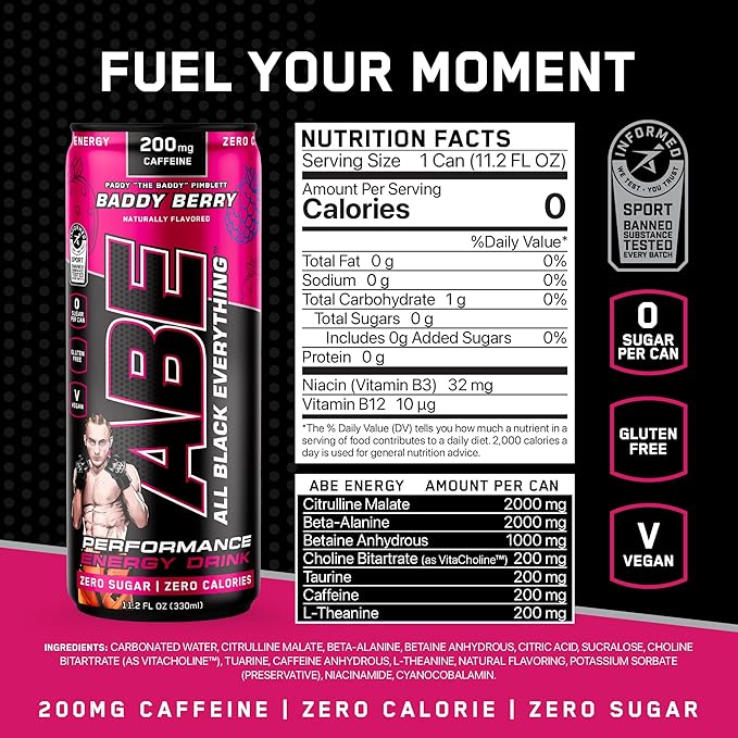 All Black Everything Performance Energy Drink | Zero Calories Sugar Free | 200mg Caffeine | Beta Alanine &amp Citrulline | Pre-Workout Sport Drink for Men &amp Women | Baddy Berry | 12 Pack