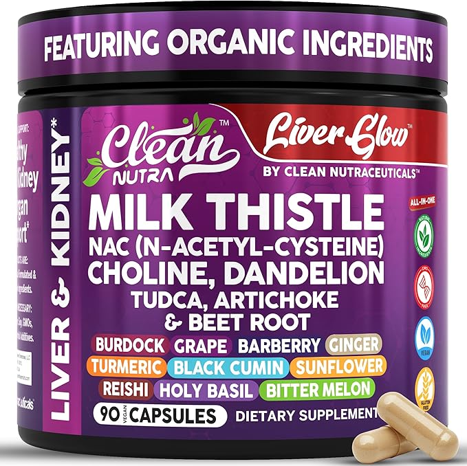 Clean Nutra Organic Milk Thistle Supplement | Liver Cleanse Detox &amp Repair + NAC Choline Dandelion Root TUDCA Artichoke Beet Root Burdock Holy Basil Kidney &amp Liver Support 90 Vegan Capsules