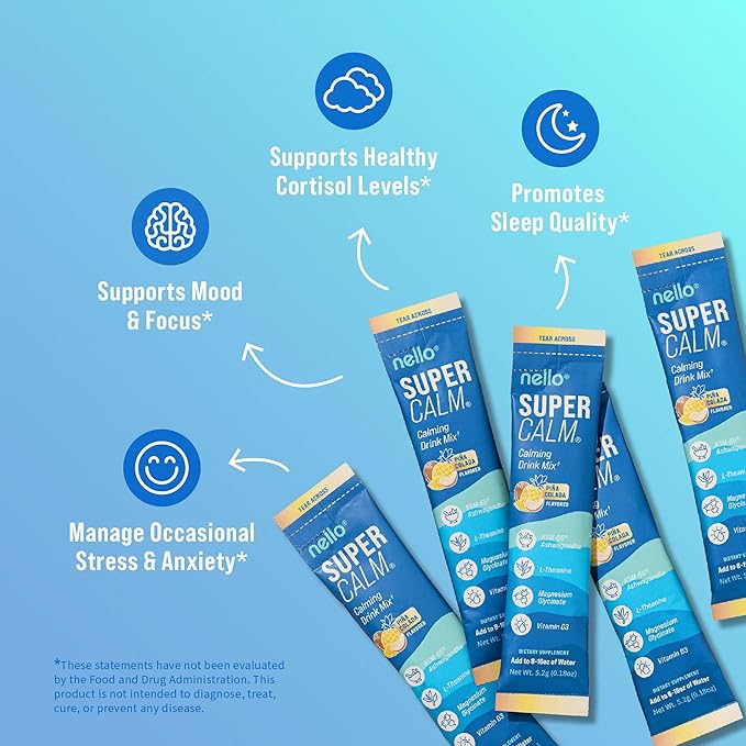 Nello Supercalm Powdered Drink Mix Cortisol Reducer* and Sleep Aid Supplement L Theanine Ksm-66 Ashwagandha Magnesium Glycinate Vitamin D 3 No Sugar Non GMO On The Go 20 Ct Pina Colada