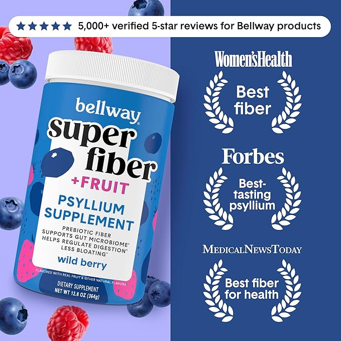 Bellway Super Fiber Powder + Fruit Sugar Free Organic Psyllium Husk Powder Fiber Supplement for Regularity Bloating Relief &amp Digestive Health Plant-Based Wild Berry (50 Servings)