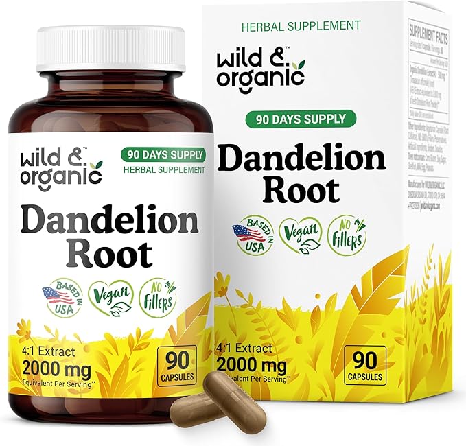 Wild &amp Organic Dandelion Root Capsules - Liver Detox Supplements - 2000 mg of Fresh Dandelion Root Powder per Capsule - 90 Vegan Capsules - 3 Month Supply - No Fillers Non-GMO