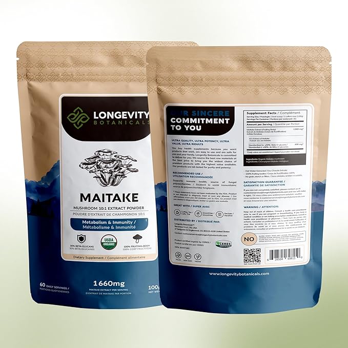 Organic Maitake Mushroom Powder Supplement 10:1 Extract 100g | Grifola Frondosa 100% Fruiting Body | ≥30% Beta-D-Glucans | 60 Servings of 1660mg | Metabolism Immune &amp Daily Wellness Support