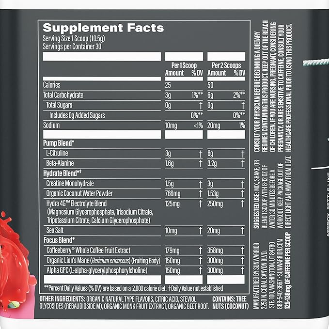 Sunwarrior Pre Workout Powder Energy Drink | Vegan Plant-Based Supplement | Pump Hydrate Focus Endurance &amp Strength Builder | Watermelon Flavored 30 Servings | Active Preworkout