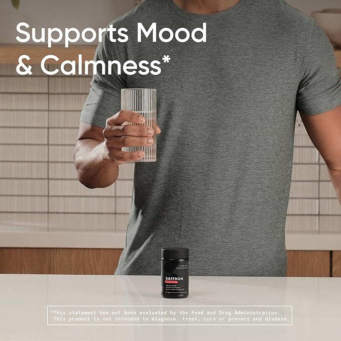 Sports Research® Pure Saffron Supplement 30 mg - Mood &amp Stress Support - Made w/Affron® Saffron Extract - Vegan Certified · Non-GMO · Gluten Free – 60 Veggie Softgels