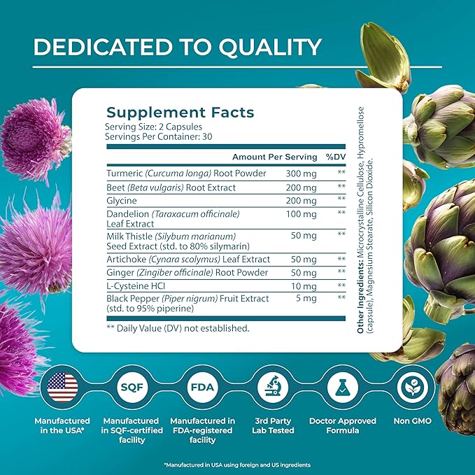 PUREHEALTH RESEARCH Liver Health – Liver Cleanse Detox &amp Repair with Artichoke Extract Milk Thistle Dandelion Root Turmeric Beet Root to Healthy Liver Renew with 11 Natural Nutrients 60 Capsu