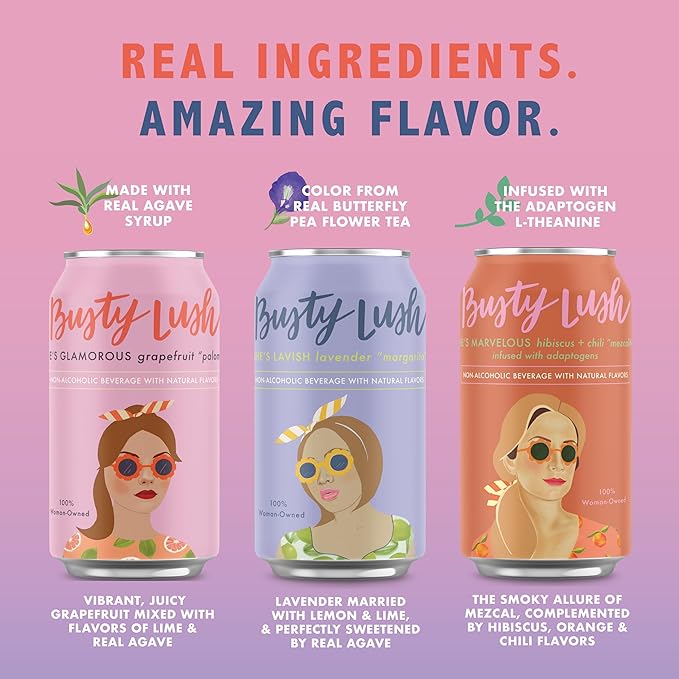 Busty Lush Craft Mocktails – Non-Alcoholic Sparkling Drinks Zero Proof Drinks Mezcalita Alcohol Alternative – Infused with L-Theanine Low Calorie Ready to Drink | 12 oz (8-Pack)