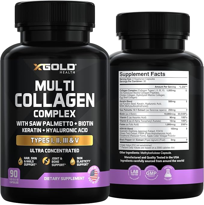 X Gold Health Collagen Complex Types I II III V Biotin 10000 mcg Keratin Hyaluronic Acid Saw Palmetto Vitamins C &amp E Advanced HSN Formula for Men &amp Women 90 Vegan Capsules