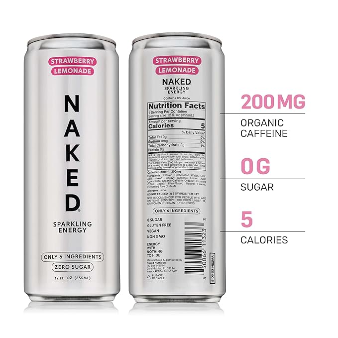 Naked Sparkling Energy Drink - Strawberry Lemonade Organic Caffeine Organic Lemon Juice Zero Sugar No Sucralose Naturally Sweetened Clean Energy Drinks Vegan Gluten-Free Non-GMO - 12oz Cans (