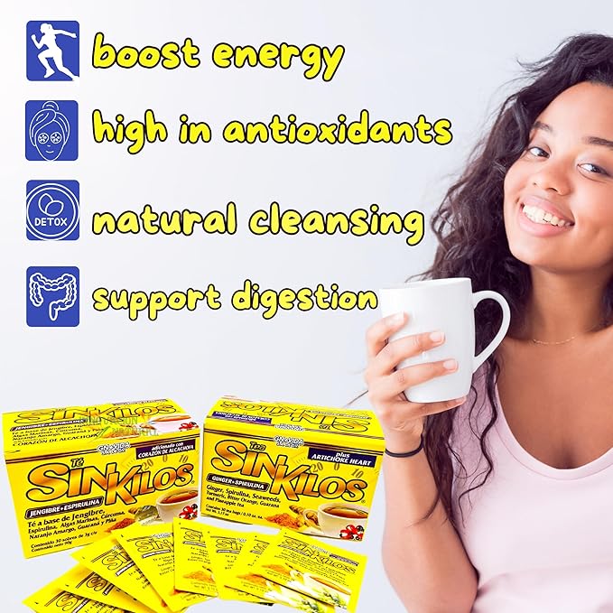 SinKilos Tea GN+Vida Cleansing Tea with Ginger Spirulina Turmeric Artichoke Orange and Pineapple Healthy Digestive Formula Caffeine Free All Natural Te Panza y Grasa Herbal | 2 Pack 60 Total