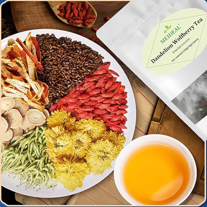 Dandelion Wolfberry Tea 8 Natural Herbal Ingredients Blend Dandelion Teabag Organic Natural Chinese Wolfberry Tea Bags Chrysanthemunn Cassia Seed (2 Bags 24 Pcs)