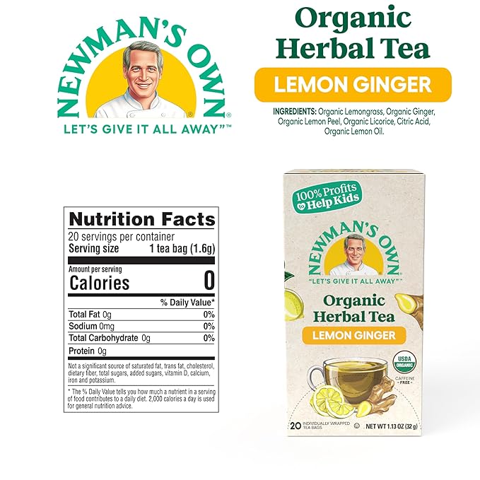 Newman's Own Organic Lemon Ginger Herbal Tea with Rooibos Tea with Organic Ginger 20 Individually Wrapped Tea Bags Per Box (Pack of 6) USDA Certified and Kosher Cinnamon Tea Caffeine-Free