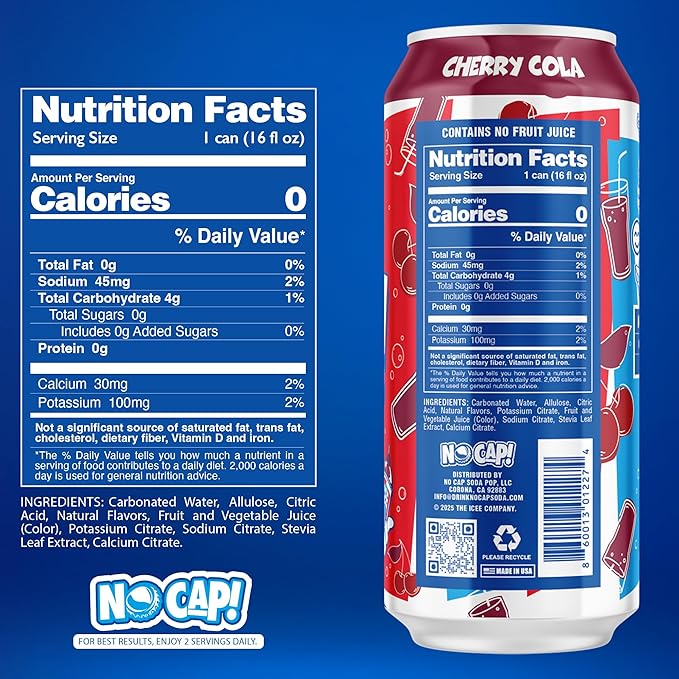 NO CAP! Next Gen Soda Pop Cherry Cola with Electrolytes for Hydration Zero Sugar Zero Calories Caffeine-Free Soda Vegan &amp Gluten-Free 16 oz Cans (12-Pack)