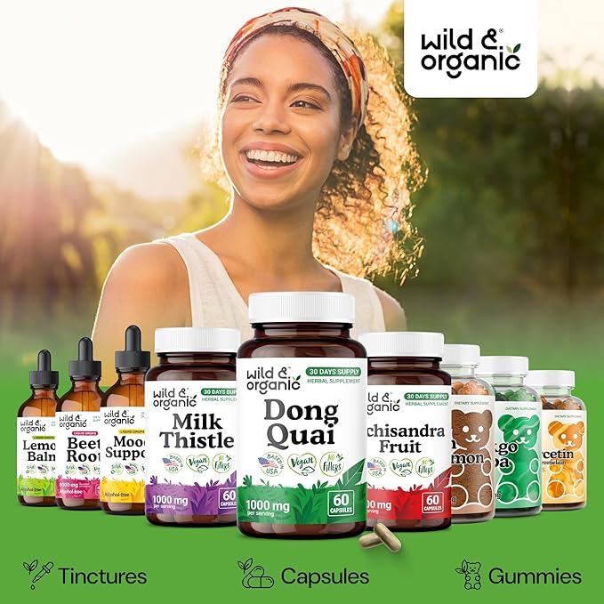 Wild &amp Organic Dong Quai Capsules 1000 mg - Menopause Supplements for Women - Dong Quai Root Supplement - 30-Day Supply - Traditional Angelica Sinensis Herb - Non-GMO Vegan - 60 Count
