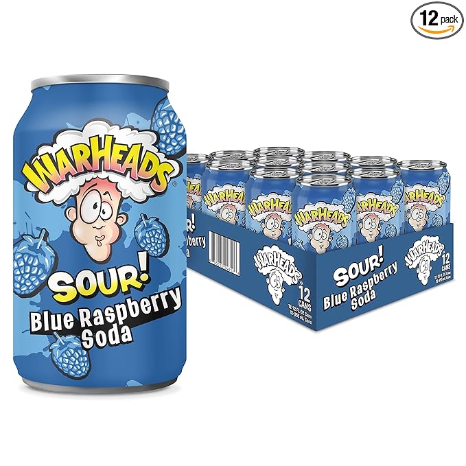 Sour Fruity Soda with Classic Warheads Flavors – Perfectly Balanced Sweet and Sour Soda - Warheads Candy Throwback Treat Soda Cocktail Mixer Pack of 12 12oz Cans (Blue Raspberry)