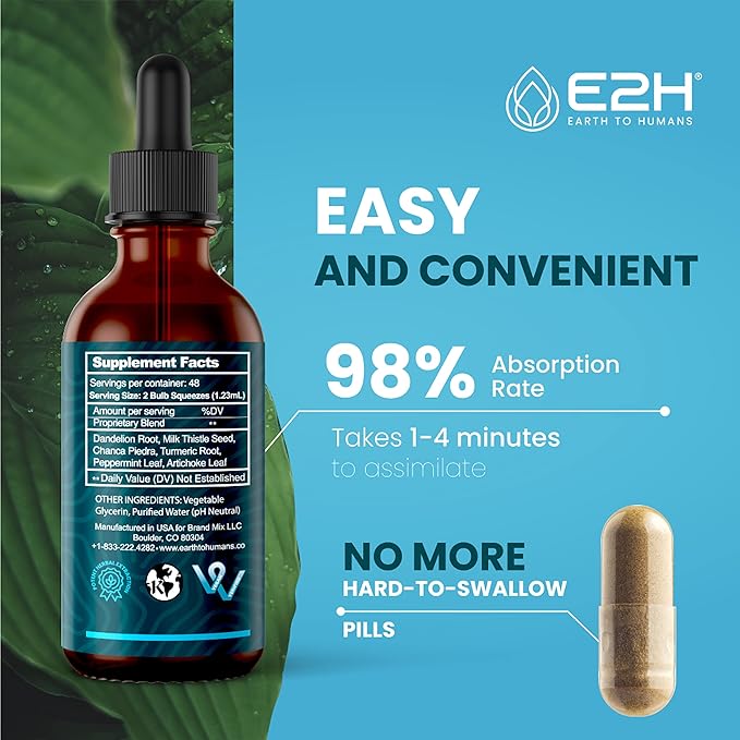 E2H Liver Support Supplement with Milk Thistle - Liver Cleanse Detox &amp Repair - Artichoke Extract Dandelion Root Chanca Piedra and More - Absorbent Liquid Formula (3 Bottles)