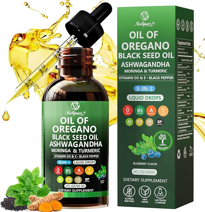 Oil of Oregano with Black Seed Oil | 8 in 1 Organic Oregano Oil Drops with Ashwagandha Moringa &amp Turmeric | Natural Herbal Supplements for Immune Support &amp Stress Relief | Vegan Friendly 2 F