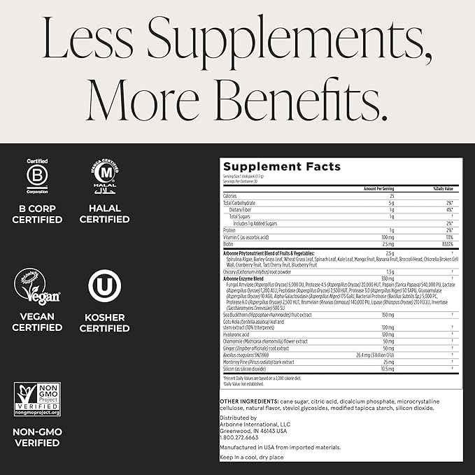 Arbonne GreenSynergy Elixir – Citrus-Flavored Greens Powder with 13 Digestive Enzymes Vegan Collagen Builder Probiotics and Prebiotics – Supports Gut Health and Digestion – 30 Stick Packs