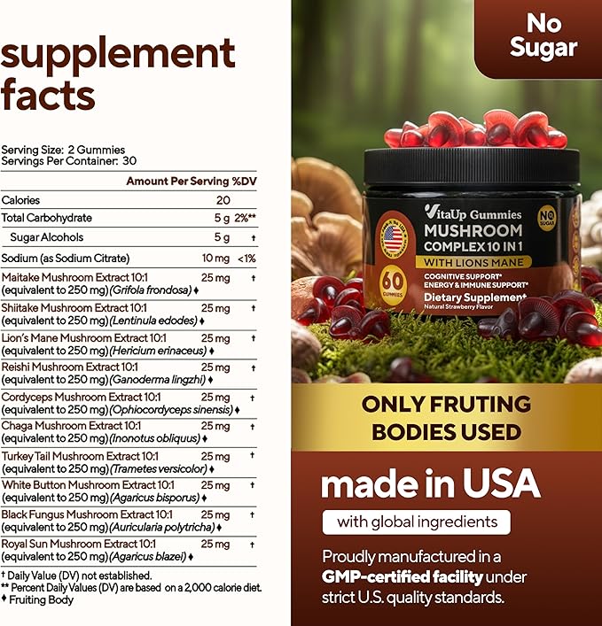 Mushroom Gummies for Adults - USA Made 10 in 1 Mushroom Supplement - Mushroom Complex with Lions Mane Cordyceps Turkey Tail Reishi Shiitake for Cognitive &amp Immune Support - 60 Count