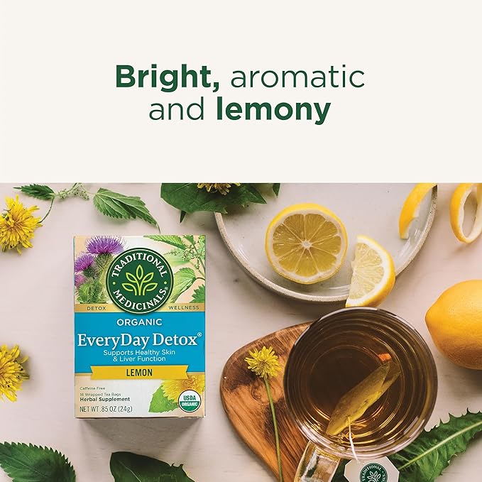 Traditional Medicinals Tea Organic EveryDay Detox Lemon Supports Healthy Skin &amp Liver Function Detox Kosher Non-GMO Caffeine-Free Compostable - 96 Tea Bags (Pack of 6)