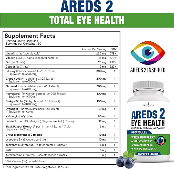 NEW AGE AREDS 2 Eye Vitamin Contains Bilberry 6000mg Lutein (32mg) Grape seed (6000 mg) Eyebright (1000 mg) and Zeaxanthin (8 mg) - 120 Count