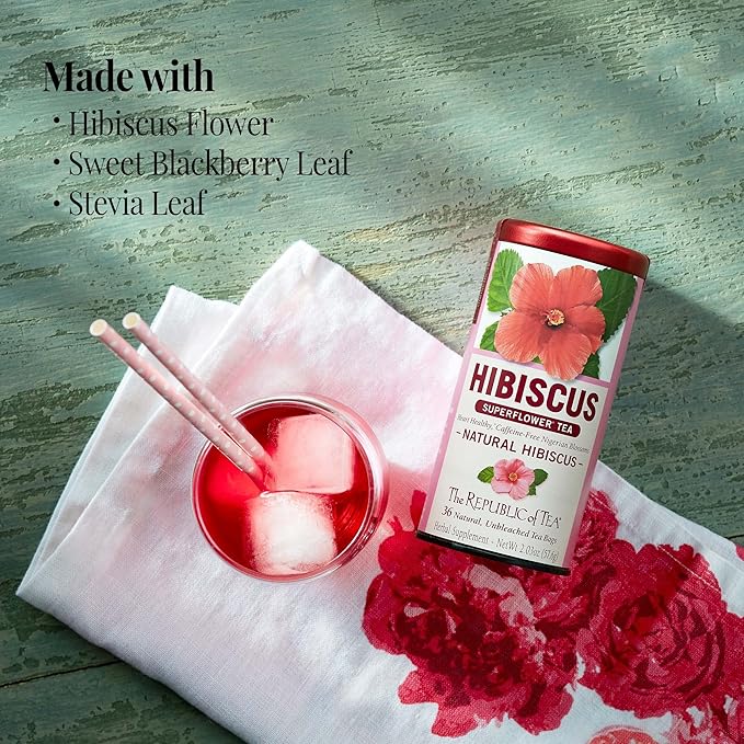 The Republic of Tea – Citizens’ Favorite Hibiscus Herbal Teas - Natural Hibiscus and Raspberry Rose Hibiscus Tea Bundle – 36 Count Tea Bags Each