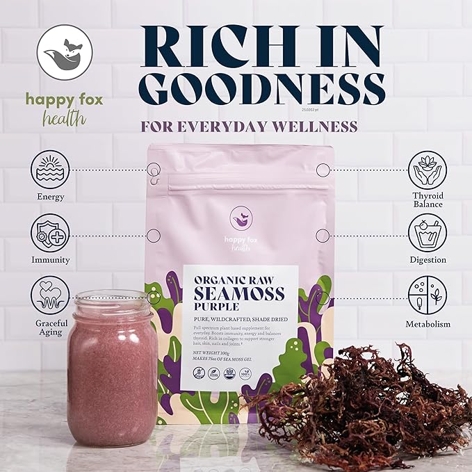 Organic Sea Moss Raw Purple - Makes 75oz of Seamoss Gel Rich in Phytonutrients &amp Minerals Certified Non-GMO Wildcrafted Superfood - 100 gram Bag