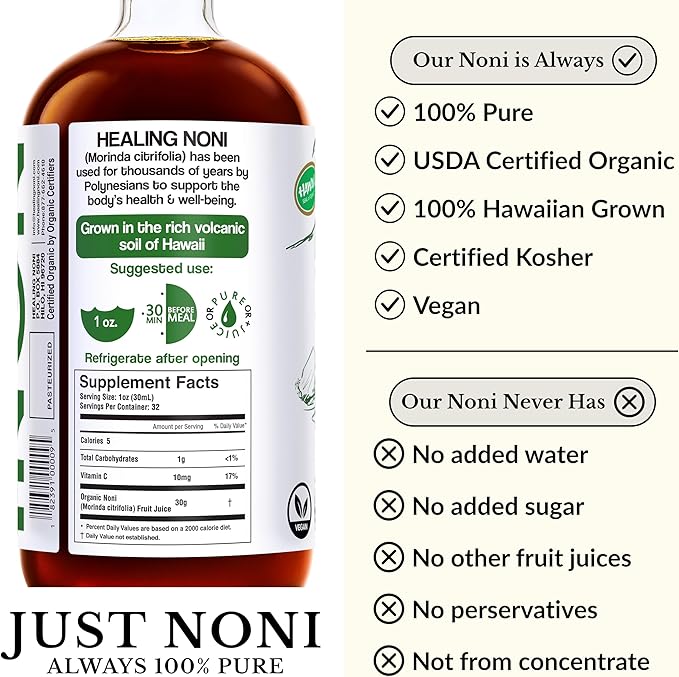 Healing Noni - 100% Pure Noni Juice - USDA Organic Full Strength Wellness Drink Hawaiian-Grown Superfood - (32oz 2 Pack)
